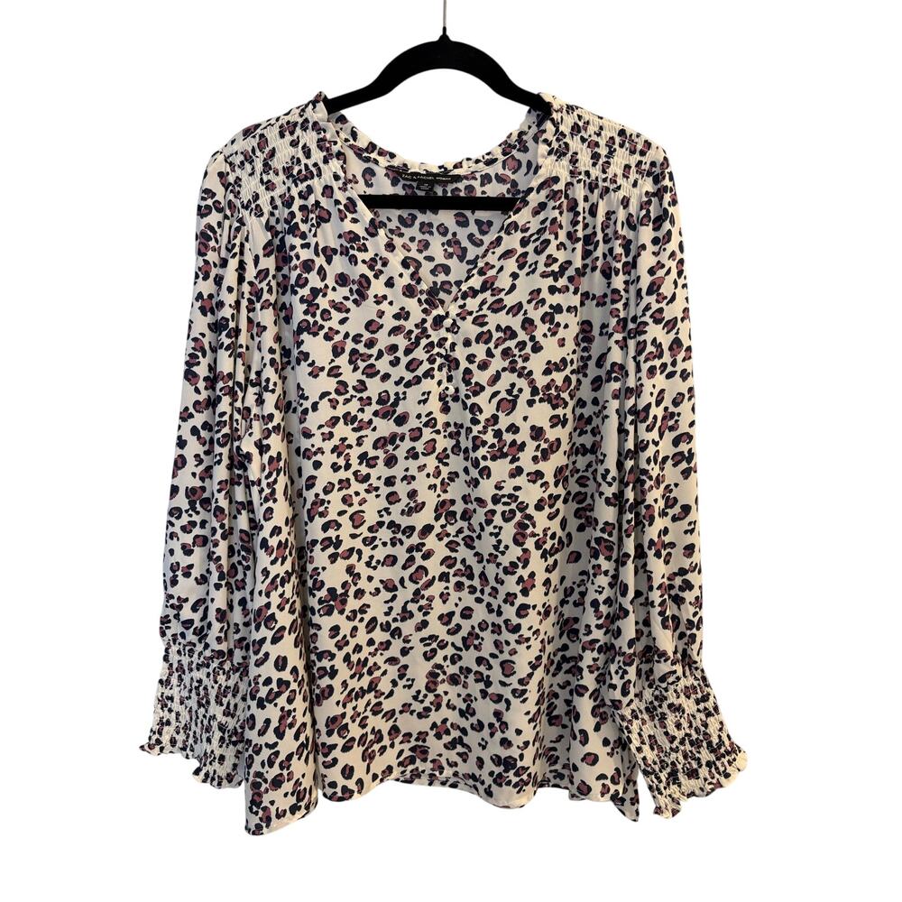 Zac & Rachel Purple Leopard Print Blouse Smocked Ruffle Sleeve Plus Size 1X
